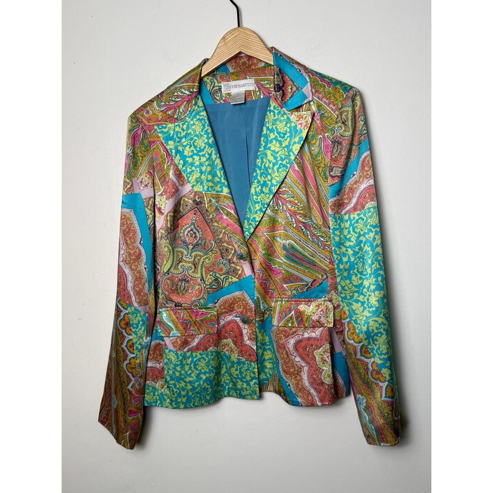 100% Silk Paisley Patchwork Blazer‎ Jacket Multicolor Size 12 Ilyse Hart Ltd